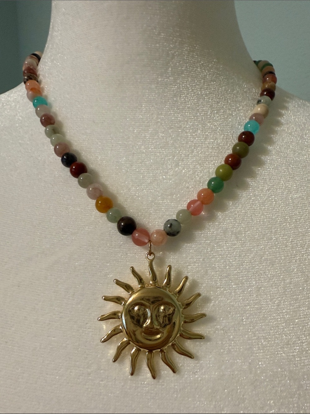 Multicolor Semi Precious Stone Beaded Necklace with Gold Sun Medallion